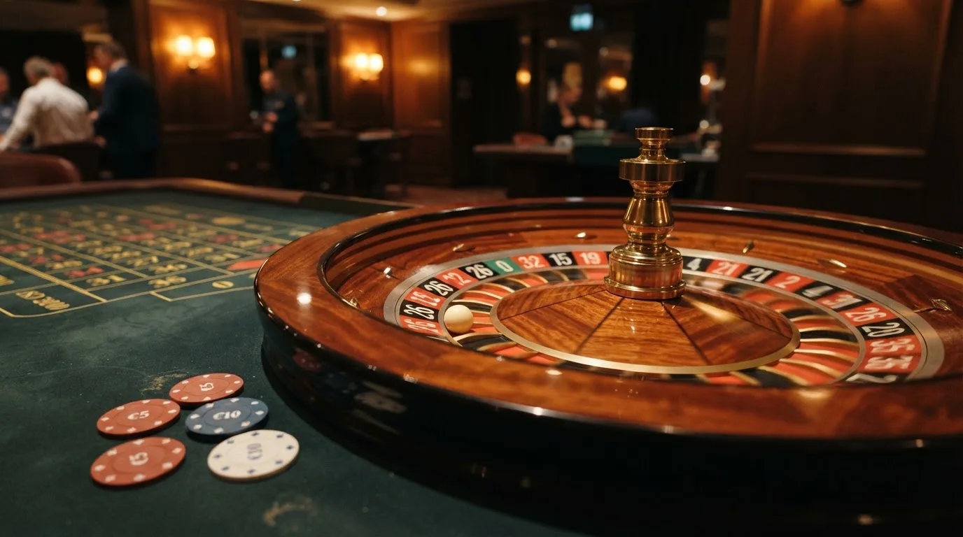 Rulettipyörä ja pelimerkit vihreällä huovalla lämpimässä iltavalossa — baccarat kasinopelit