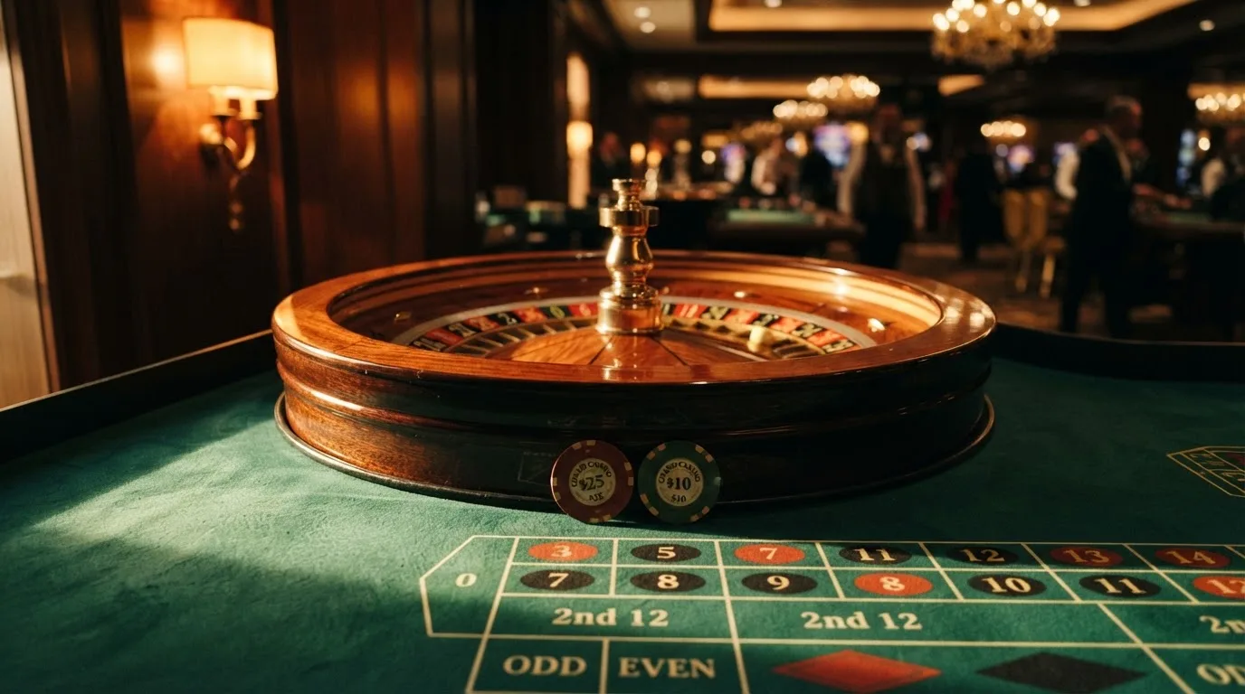 Rulettipyörä ja pelimerkit vihreällä huovalla lämpimässä iltavalossa — casino ventti