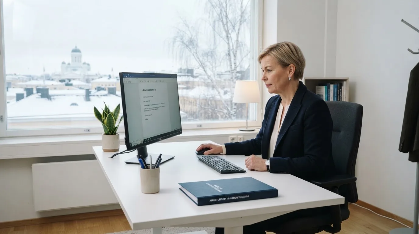 Virkailija istuu vaaleassa virastohuoneessa tietokoneen ääressä, ikkunasta näkyy talvinen kaupunkimaisema.