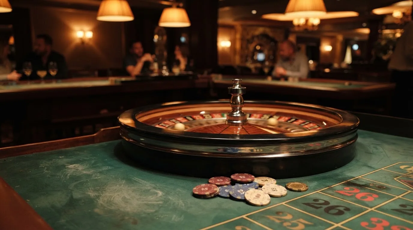 Rulettipyörä ja pelimerkit vihreällä huovalla lämpimässä iltavalossa — kolikkopelit casino pelit