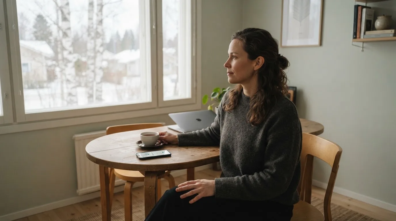 Henkilö istuu keittiön pöydän ääressä teekupin kanssa katsoen ulos ikkunasta rauhallisesti.