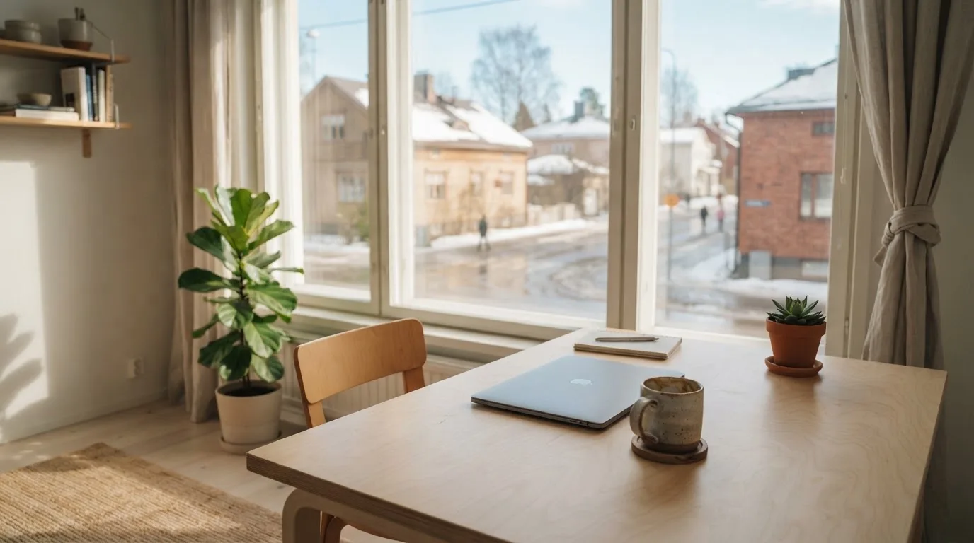 Toimistohuoneen ikkunasta näkyy maaliskuun aamu, lumi sulaa katolla auringonpaisteessa hiljaisella aamulla.