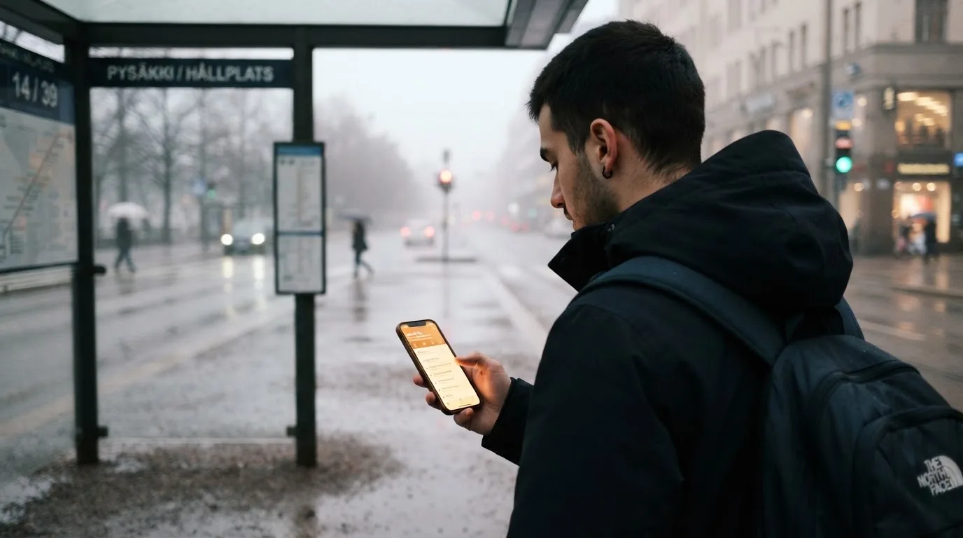 Nuori mies selaa älypuhelinta bussipysäkillä odottaessaan iltapäivällä, taustalla sumuinen katunäkymä.