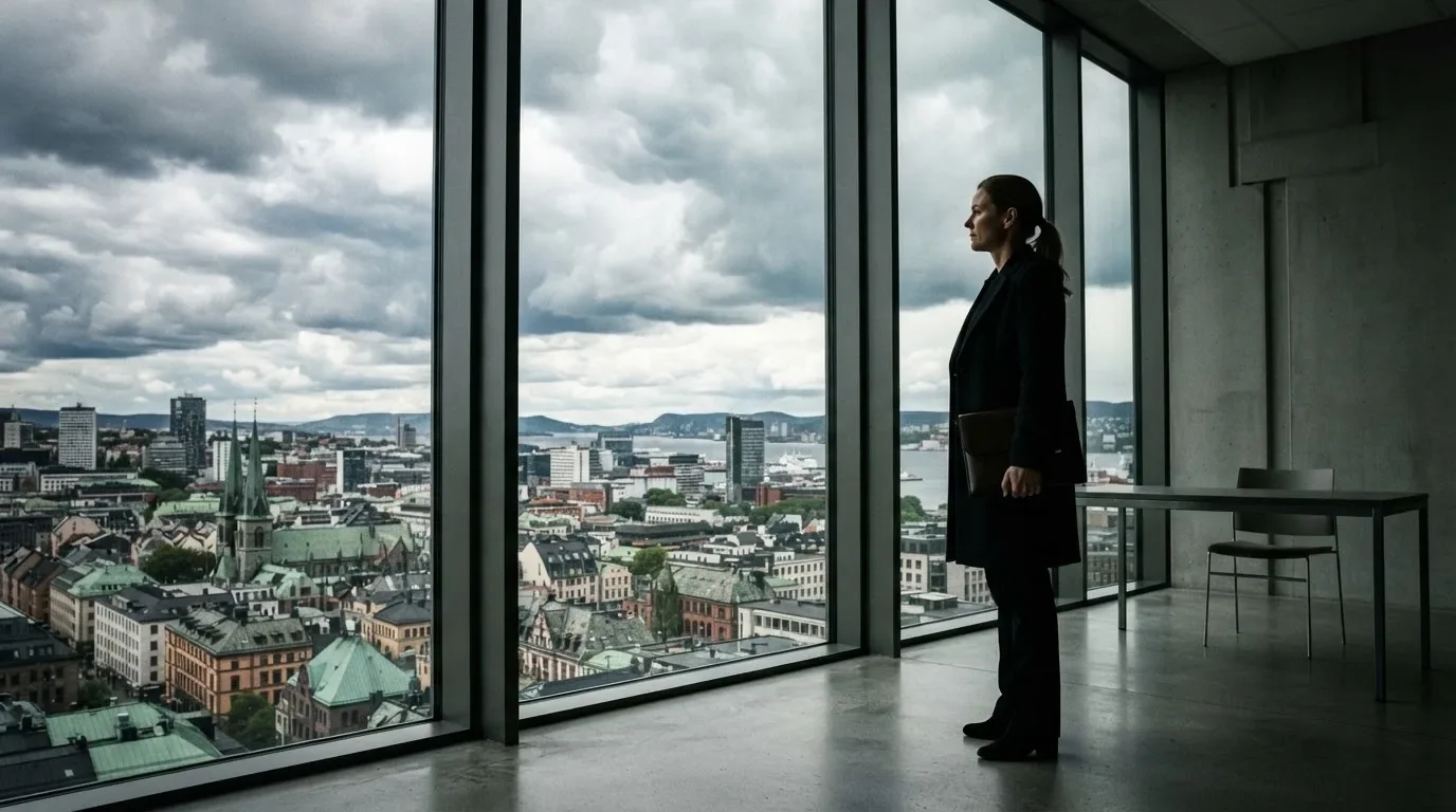 Virkailija seisoo ikkunan ääressä korkeassa virastorakennuksessa, taustalla pilvinen taivas ja kaupunkimaisema.