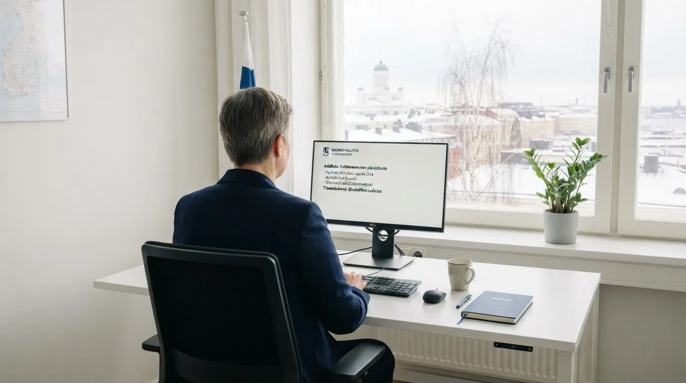 Virkailija istuu vaaleassa virastohuoneessa tietokoneen ääressä, ikkunasta näkyy talvinen kaupunkimaisema.